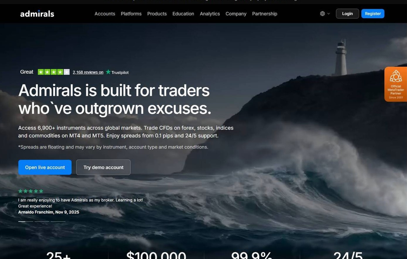 Screenshot of the Admirals website