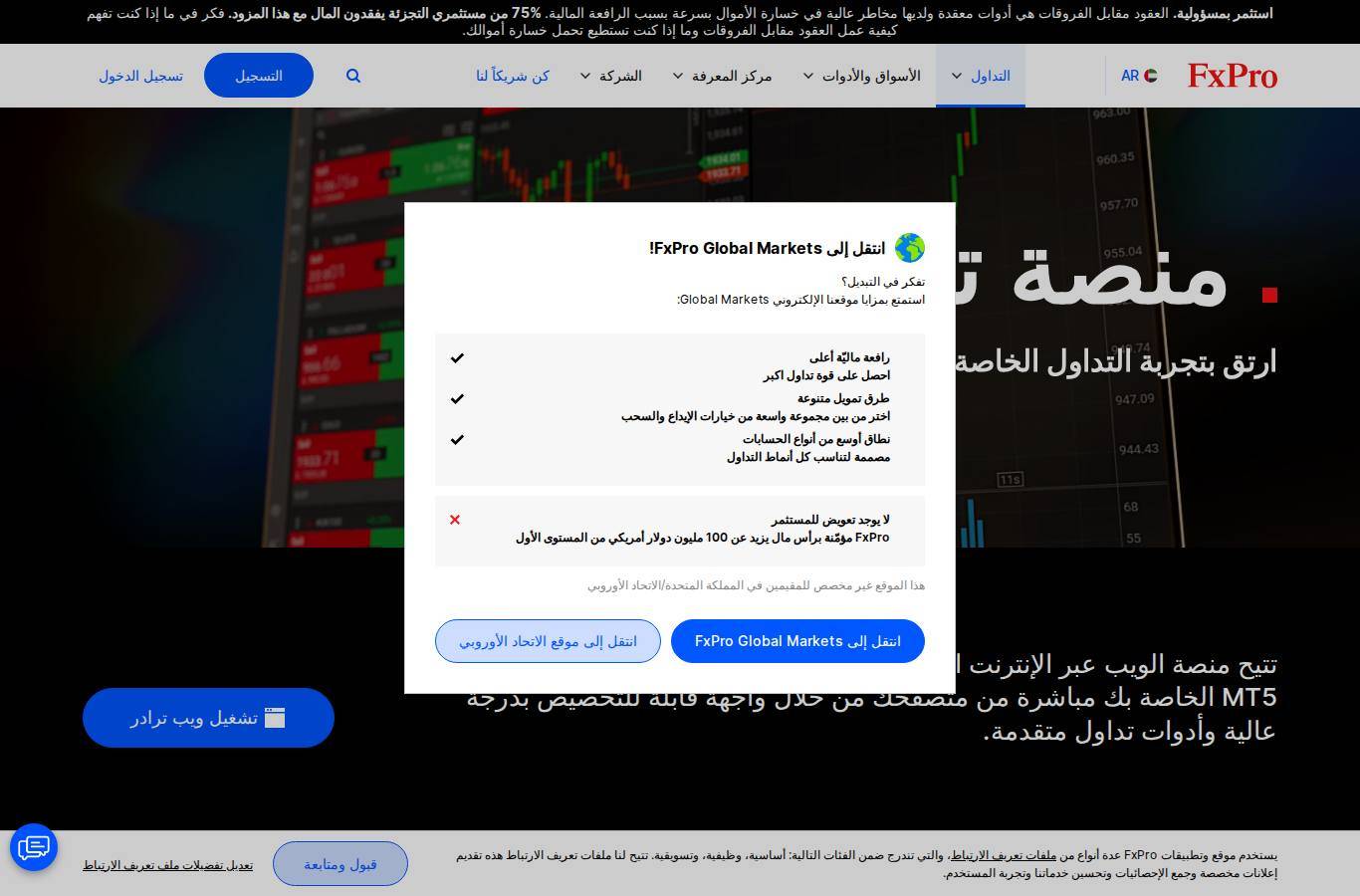 The platform page on the FxPro website