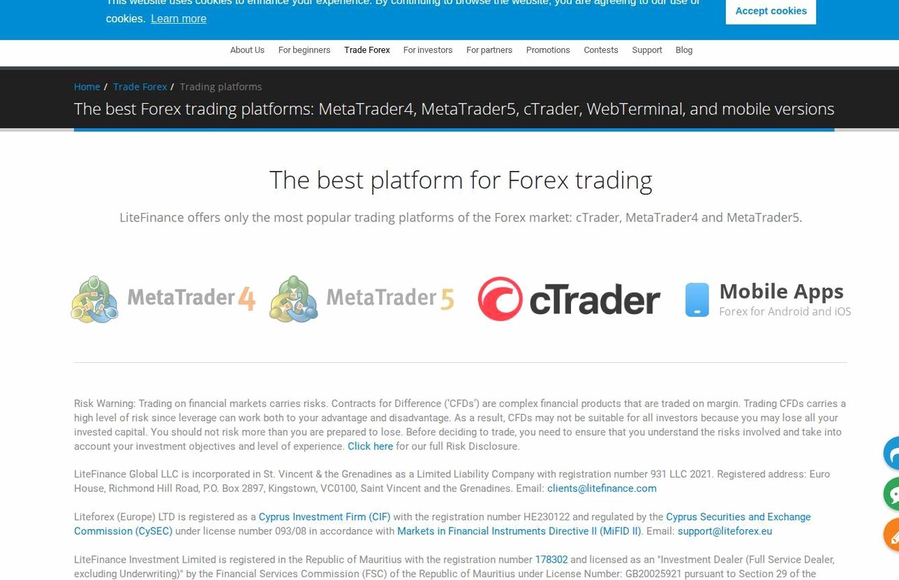The platform page on the LiteFinance website