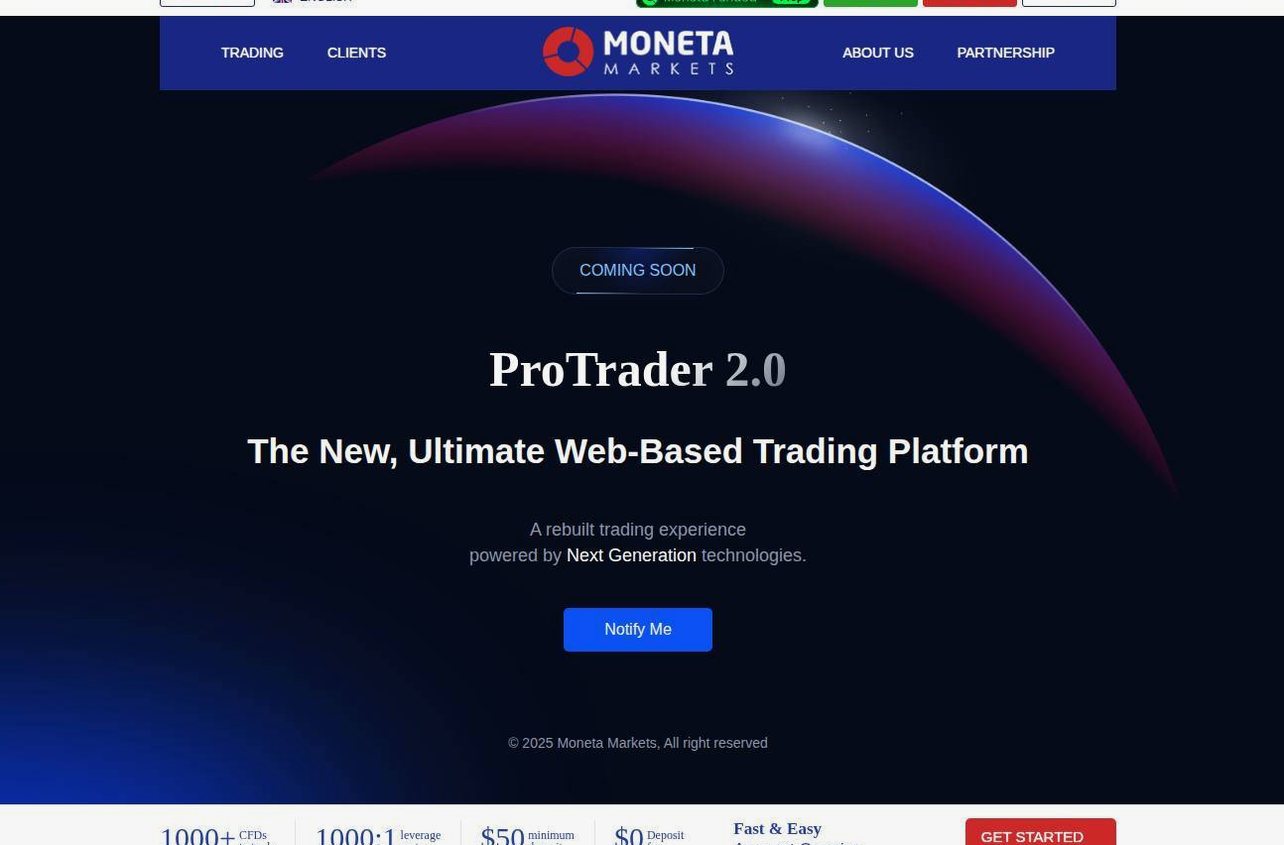 The platform page on the Moneta Markets website