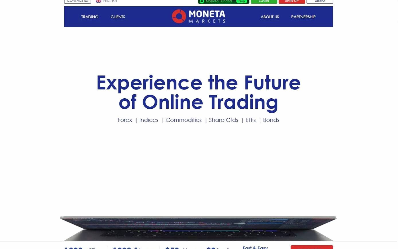Screenshot of the Moneta Markets website