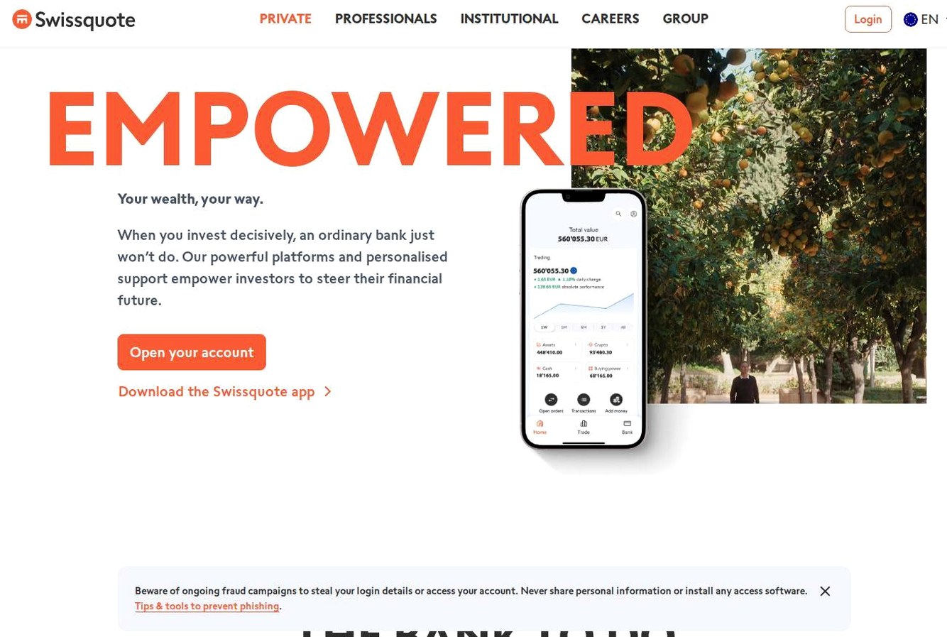 The platform page on the Swissquote website