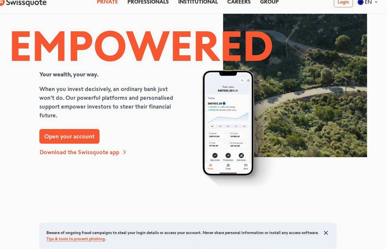 Screenshot of the Swissquote website